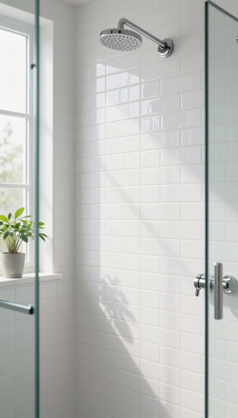 Bright shower wall with glossy white peel-and-stick subway brick tiles reflecting natural light in a clean modern bathroom