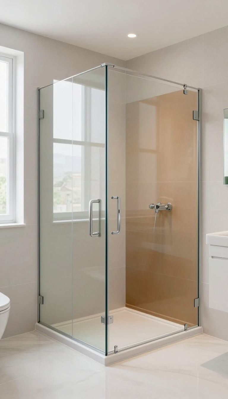 Corner shower with a smoked tinted glass accent panel beside a clear frameless door in a bright neutral bathroom