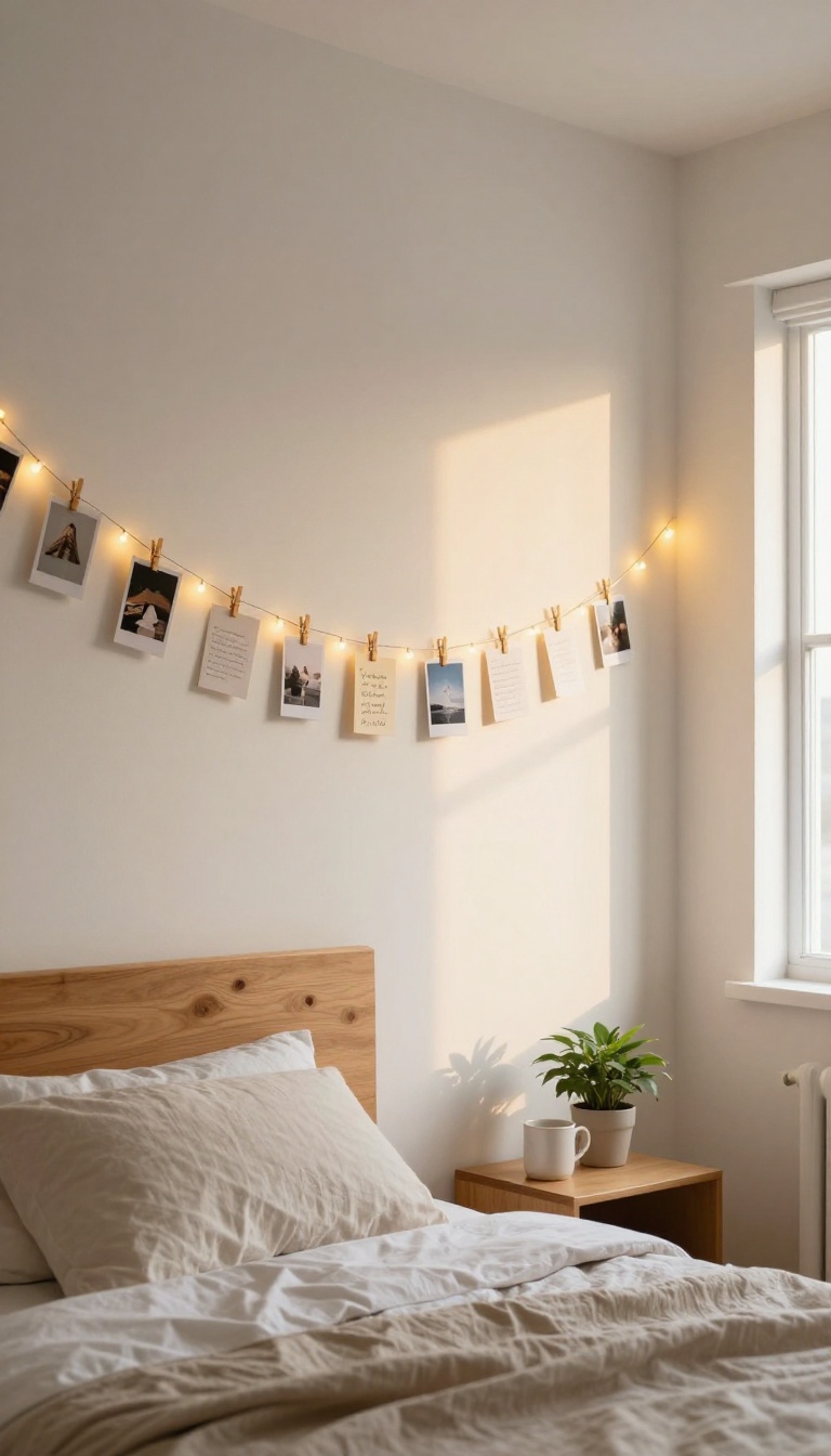 Warm white LED string lights draped across a bedroom wall with printed photos and Polaroids held by mini clothespins, creating a cozy DIY photo display above a wooden headboard
