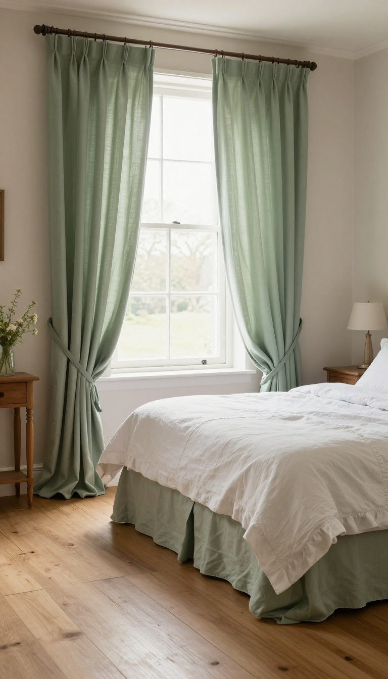 Bright English cottage bedroom with ruffled linen pillowcases, a pleated bed skirt, and gathered linen curtains pooling on the floor