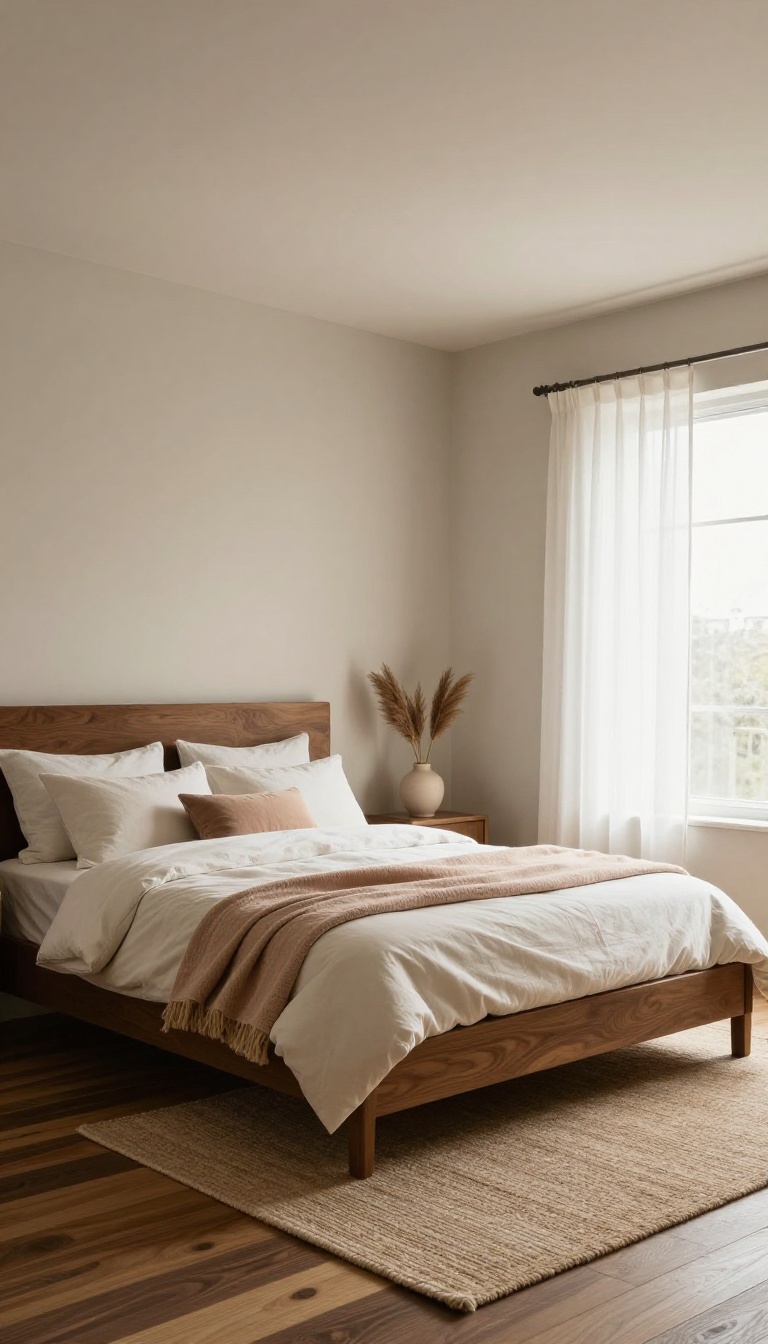 Cozy bedroom with dark wood floors and a soft warm cream painted ceiling bathed in natural light