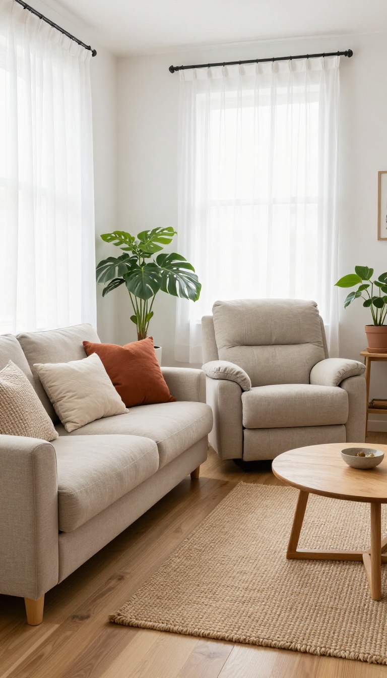Bright small living room with an armless corner sectional and a wall-hugger recliner placed flush against the wall to save space