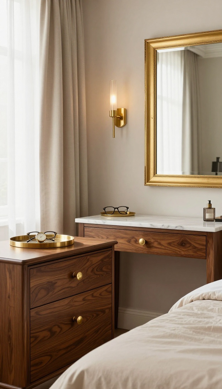 Elegant bedroom with warm brass drawer pulls, a gold-framed mirror, and a small brass tray on a marble nightstand in bright natural light