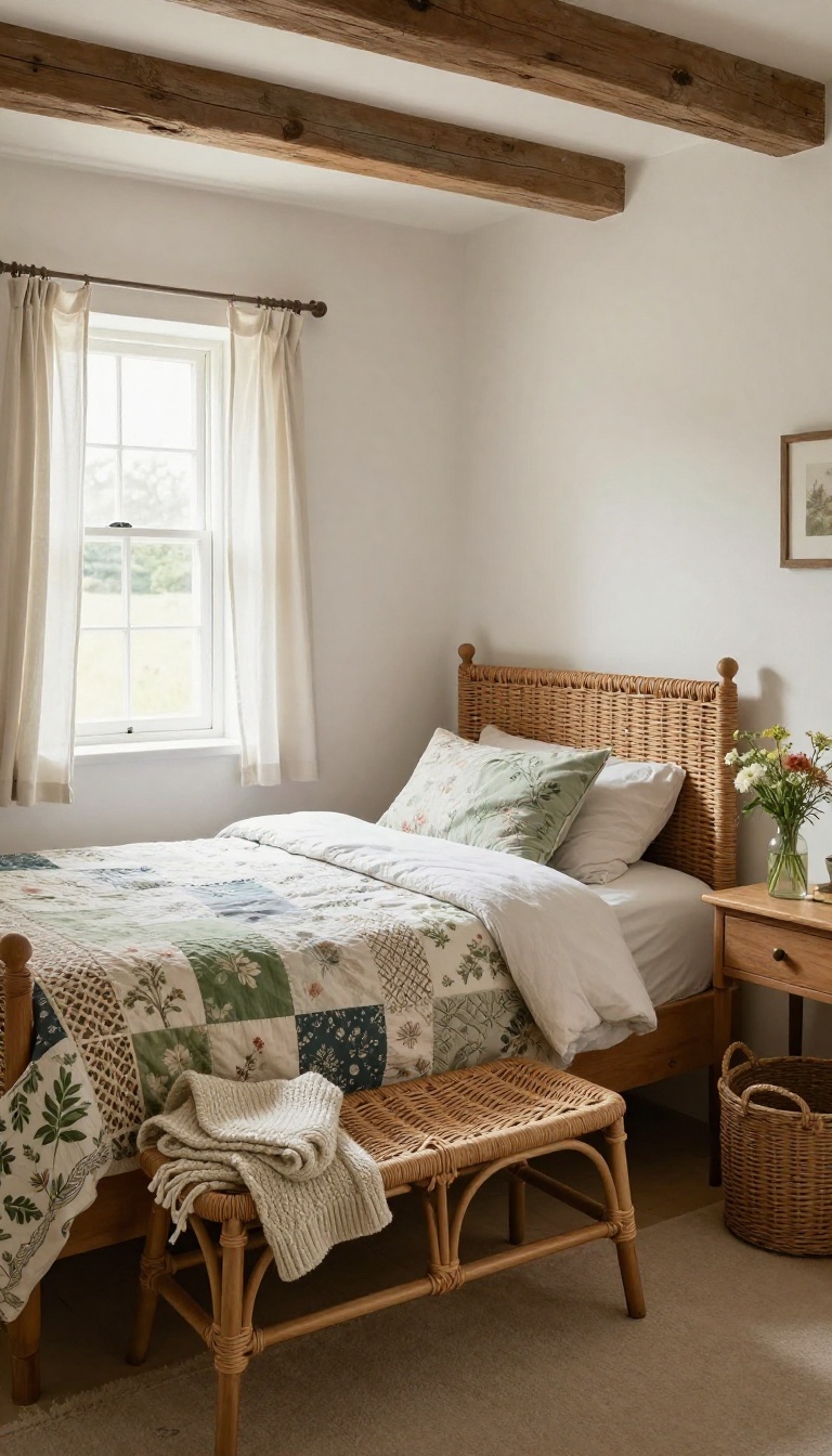 English cottage bedroom with a wicker headboard, rattan bench, woven baskets, patchwork quilt, and bright natural light