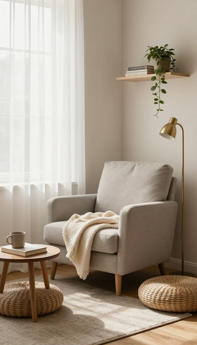 Cozy corner reading nook in a small square bedroom with a compact armchair, floor lamp, side table, and window light