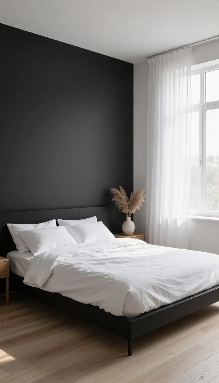 Minimalist bedroom with a bold matte black accent wall behind a white bed and pale wood floors in bright natural light