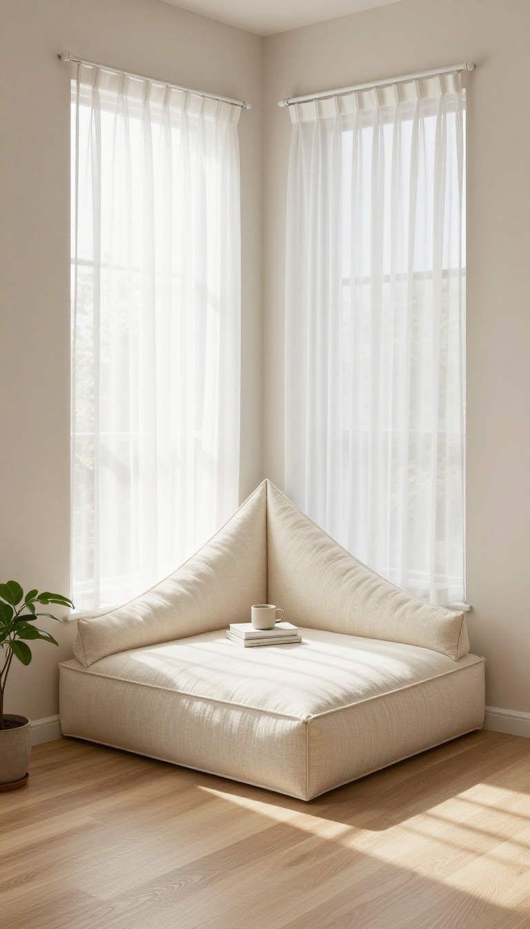 Corner window seat with a custom triangular cushion nestled into a 90-degree window nook in a bright living room