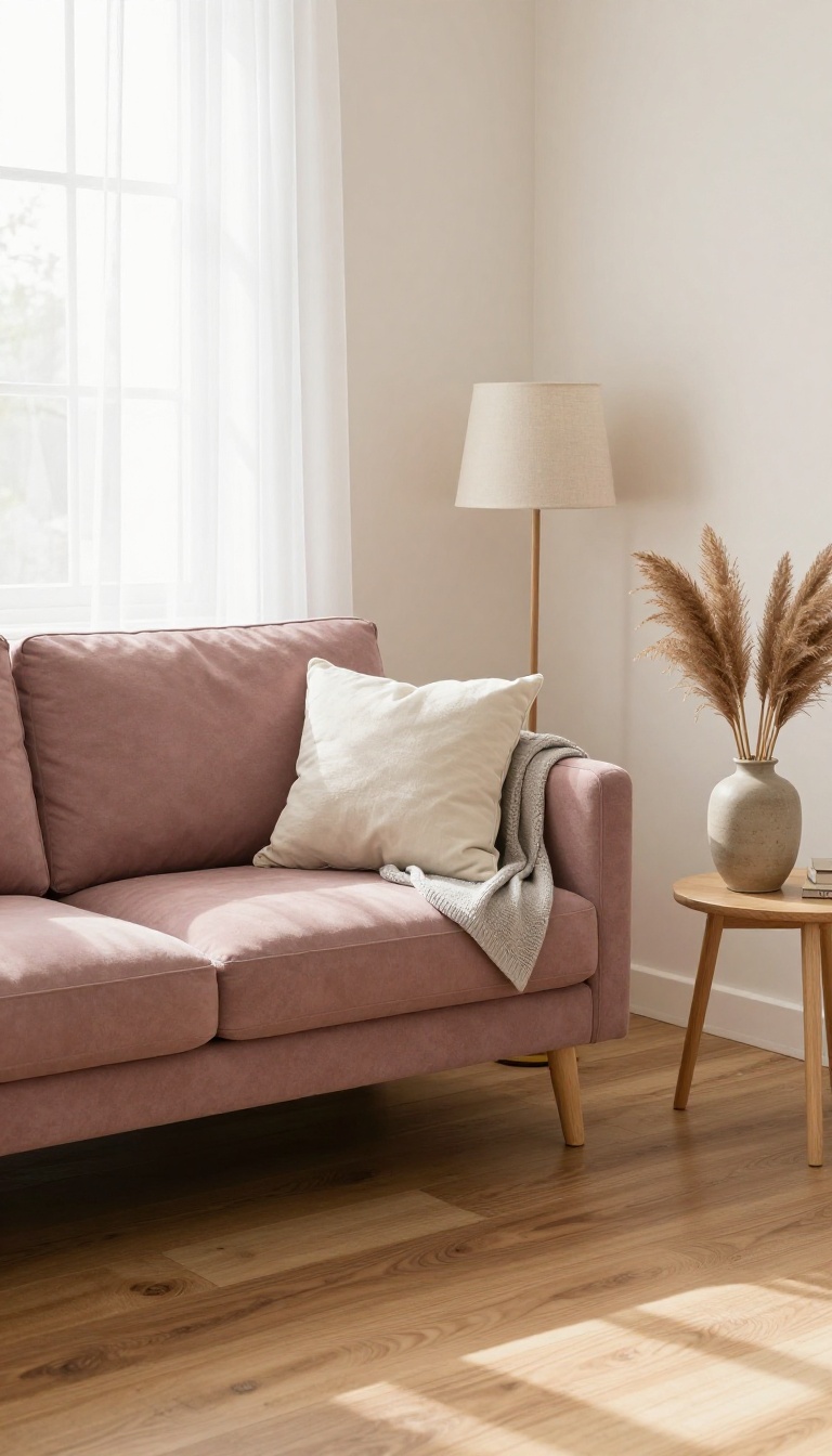 Cozy apartment living room with a muted dusty rose sofa as a statement piece, styled with a side table, floor lamp, and soft natural light