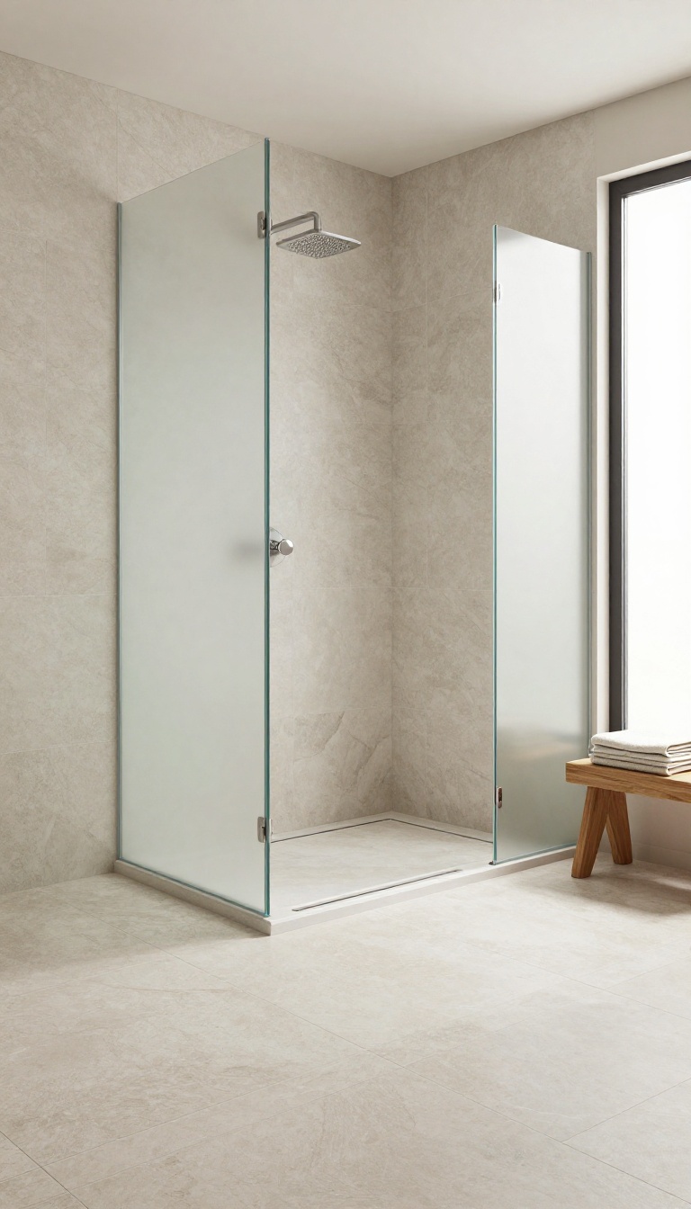 Modern walk-in shower with large-format honed marble floor and linear drain, creating a seamless, luxurious look.