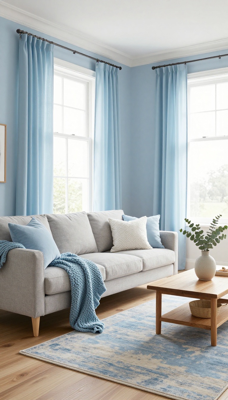 Light blue living room with a soft sky blue vintage-wash area rug, layered throws and pillows, and bright natural light