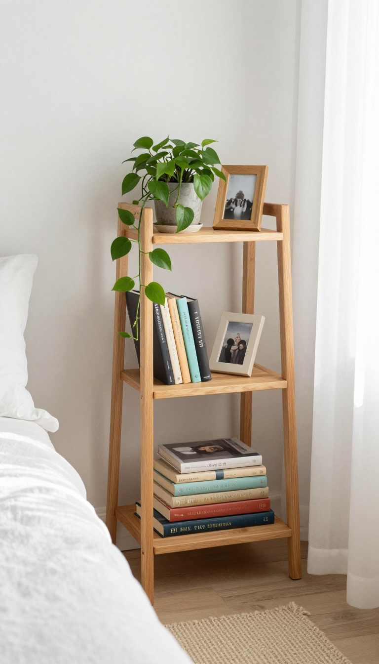 Slim wooden corner shelf with books and a plant turning an empty bedroom corner into cozy storage