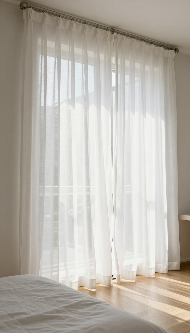 Sheer white linen curtains diffusing soft natural light in a calm spa-like bedroom with neutral decor