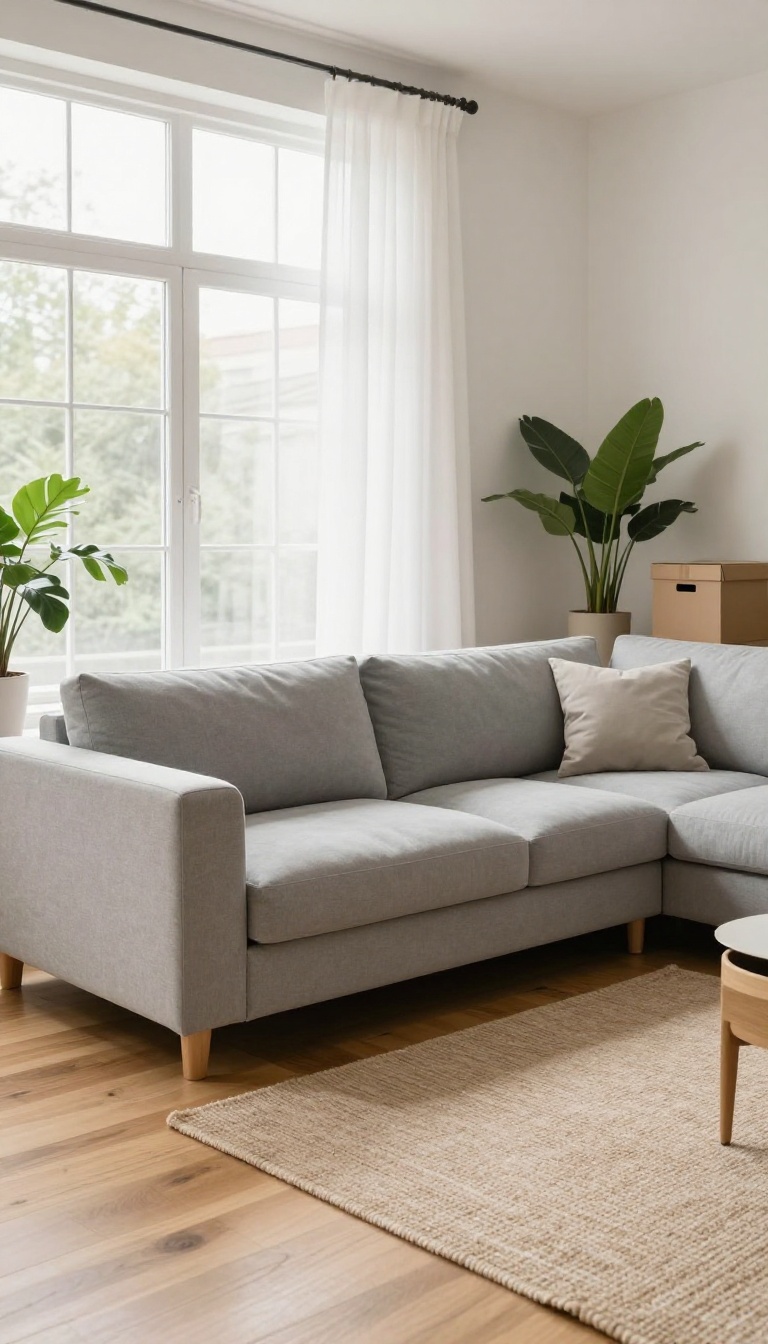 Bright rental living room with a modular sofa split into rearrangeable sections near a sunny window
