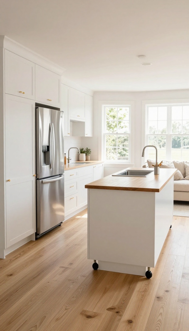 Bright open-concept kitchen with a single-wall layout and a rolling mobile island with a butcher-block top, living area visible beyond