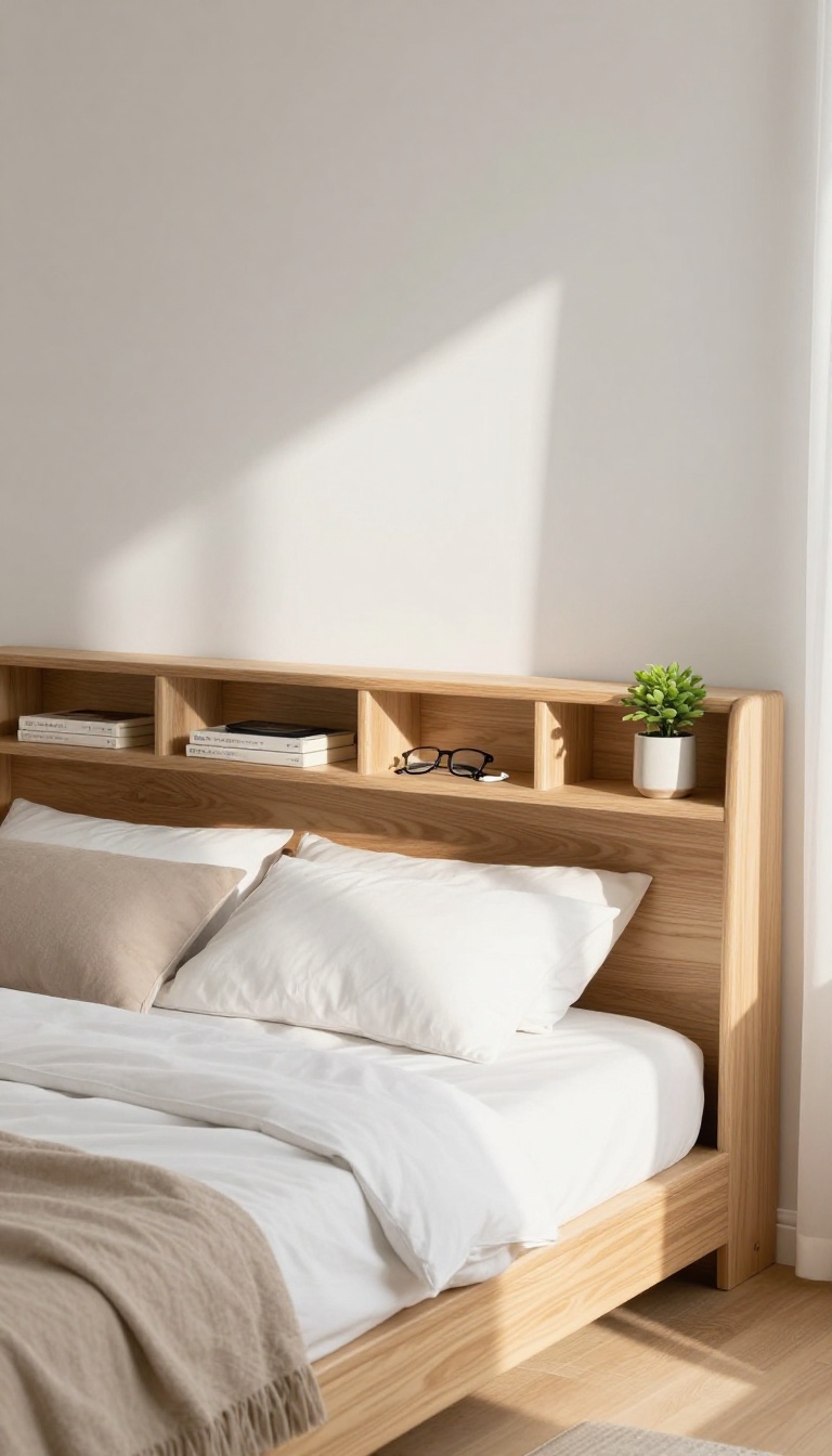 Tiny bedroom with a wooden headboard wall featuring shallow built-in cubbies and a slim ledge holding a book, glasses, phone, and small plant in bright natural light