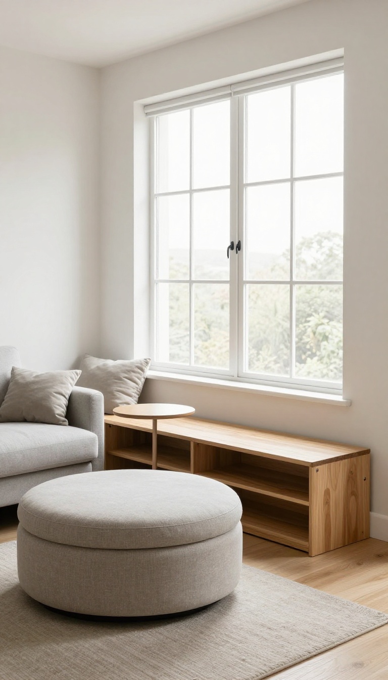 Small modern living room with a storage ottoman, nesting tables, and a window bench with hidden storage