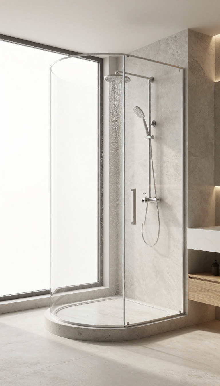 Modern bathroom with a curved shower threshold in polished concrete, soft natural light, minimalist spa-like design