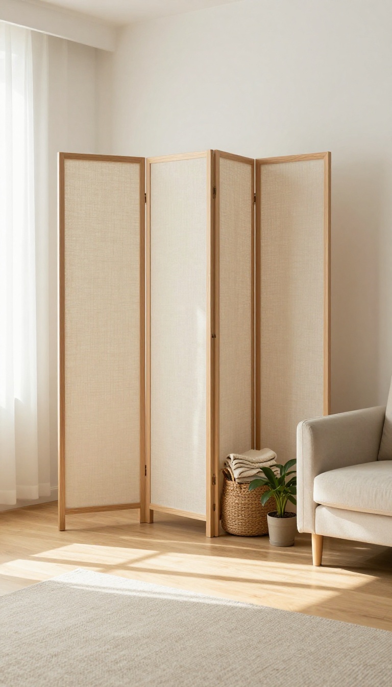 Folding screen room divider with fabric panels standing in a bright small living room, softly hiding a corner while sunlight fills the space