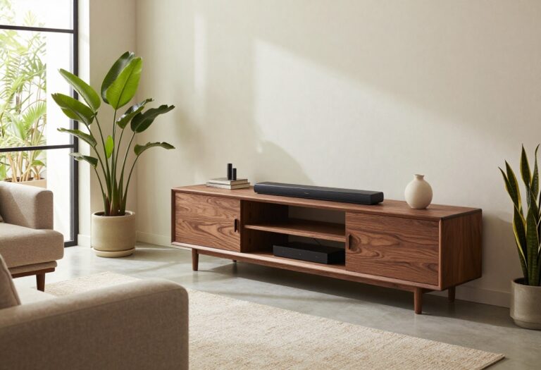 A warm living room with a wooden TV stand holding a TV and decor, bathed in natural light.
