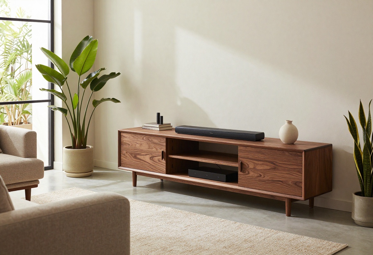 A warm living room with a wooden TV stand holding a TV and decor, bathed in natural light.