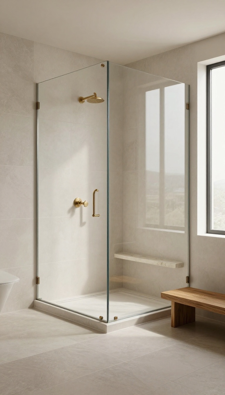 Warm neutral walk-in shower with greige tile, brushed nickel fixtures, teak bench, and natural light in a master bathroom