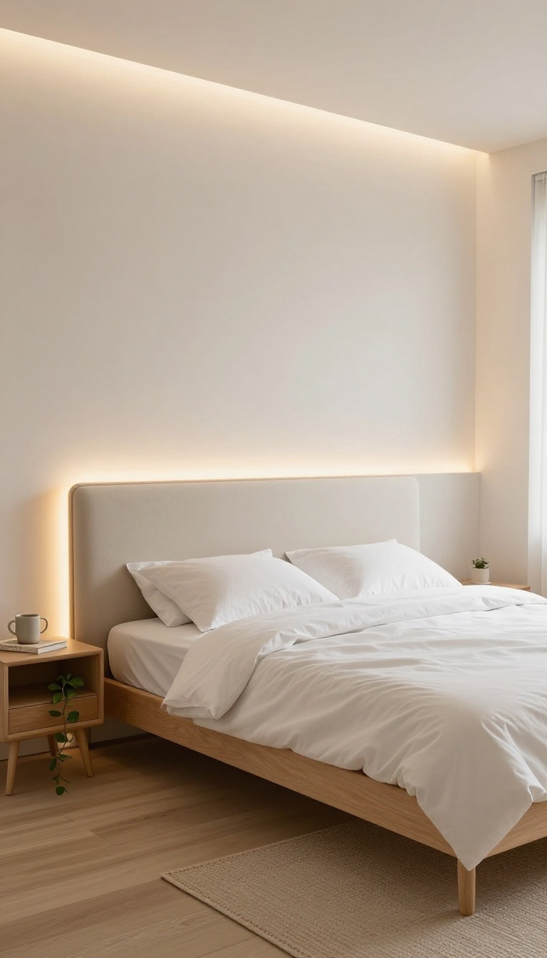 Bedroom with a low platform bed and upholstered headboard glowing with a soft warm white LED strip tucked behind it, creating a floating halo effect on the wall.