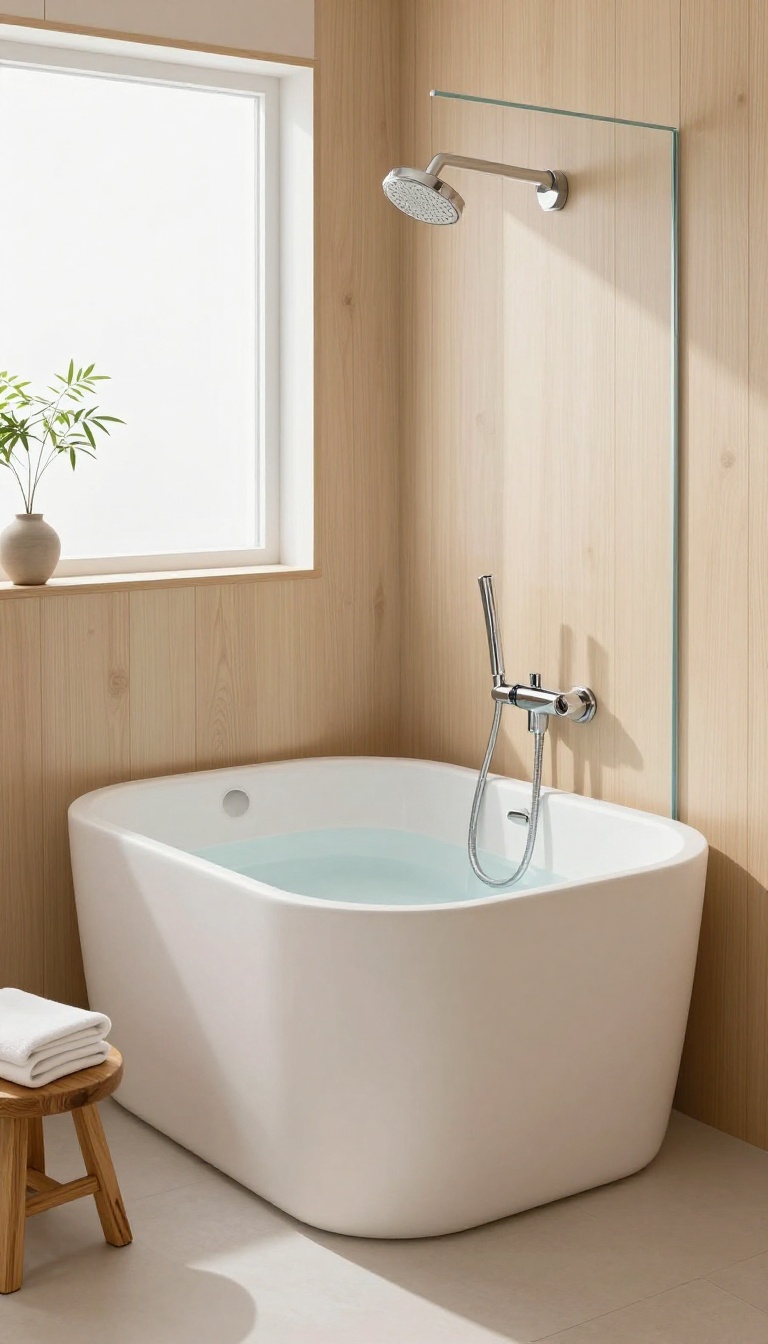 Compact Japanese soaking tub with handheld shower in a bright, minimalist small bathroom