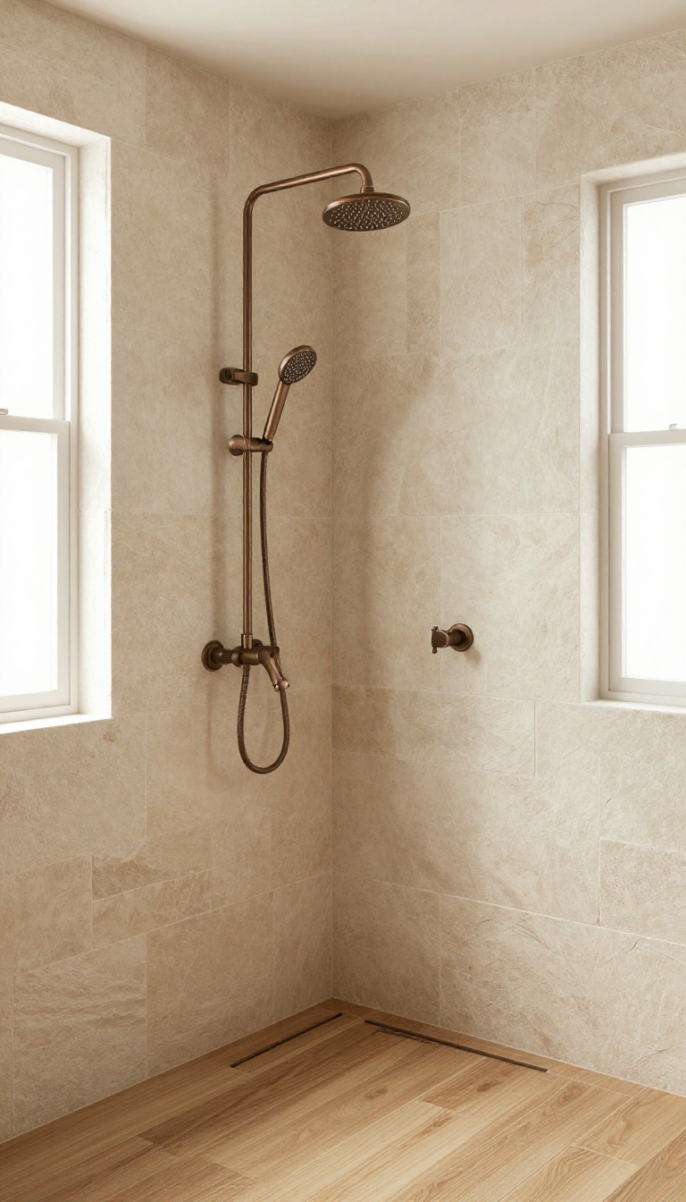 Rustic bathroom shower with oil-rubbed bronze rain shower head and fixtures, set against natural stone and wood-look tile