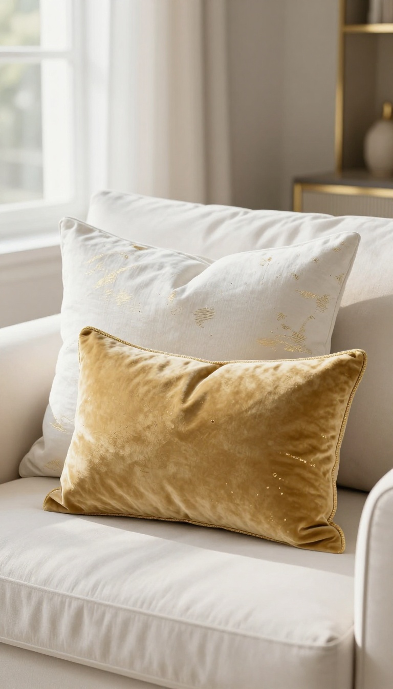White and gold throw pillows arranged on a cream sofa in a bright elegant living room