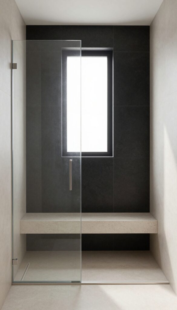 Walk-in shower with black accent wall behind a built-in bench, framed by frameless glass, in a bright and airy bathroom.