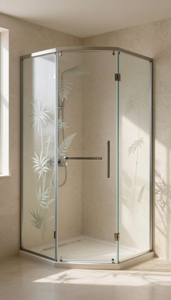 A shower screen with etched glass featuring fern and bamboo nature motifs, softly diffusing light in a bright, spa-like bathroom.