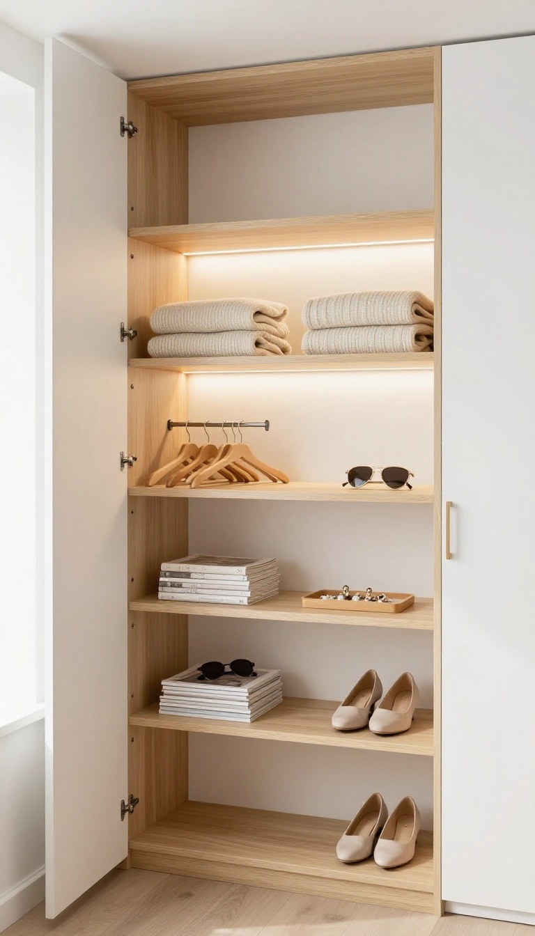 Open bedroom wardrobe shelving styled like a boutique with folded sweaters, matching hangers, and accessories on display