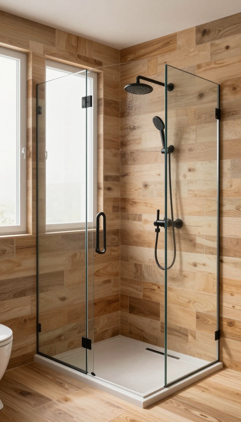 Modern farmhouse shower with wood-look porcelain tile in warm honey tones, glass enclosure, and black fixtures