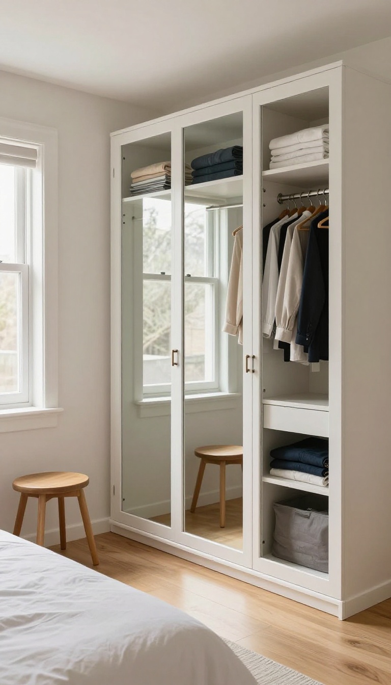 Bright bedroom with a mirrored wardrobe reflecting natural light, doubling as a full-length vanity mirror without taking up extra wall space