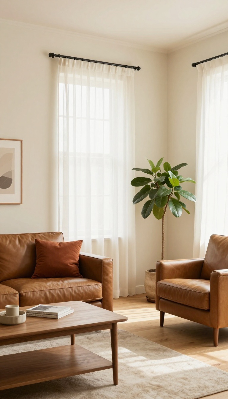 Bright living room with creamy off-white walls and warm brown leather and wood furniture, styled with a rust pillow and green plant in natural light