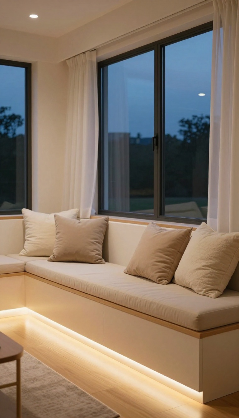 Cozy built-in living room window seat with hidden warm LED strip lighting glowing beneath the bench at dusk