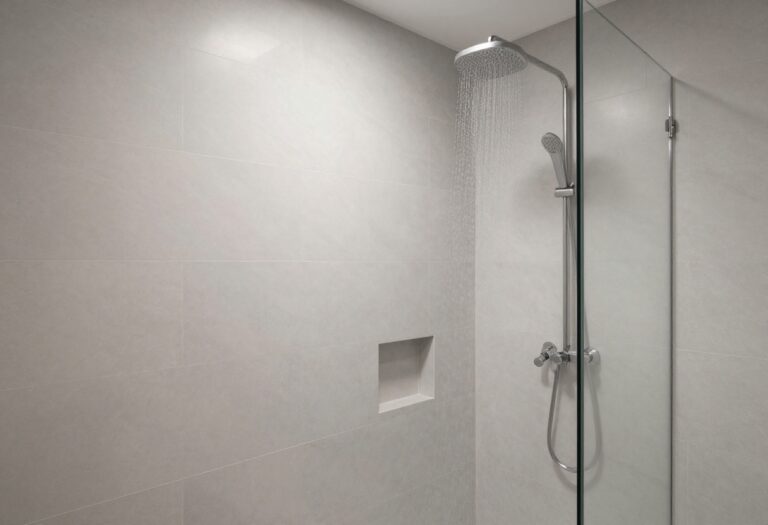 Modern shower with a tiled knee wall, built-in niche, and glass panel