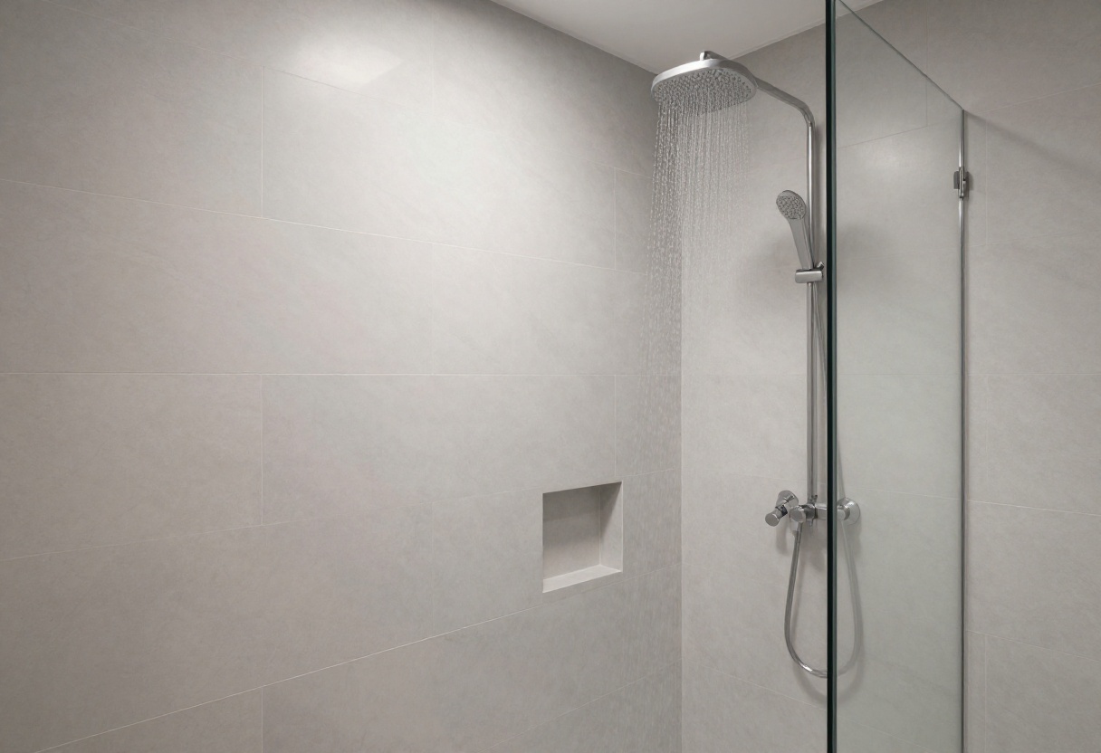 Modern shower with a tiled knee wall, built-in niche, and glass panel