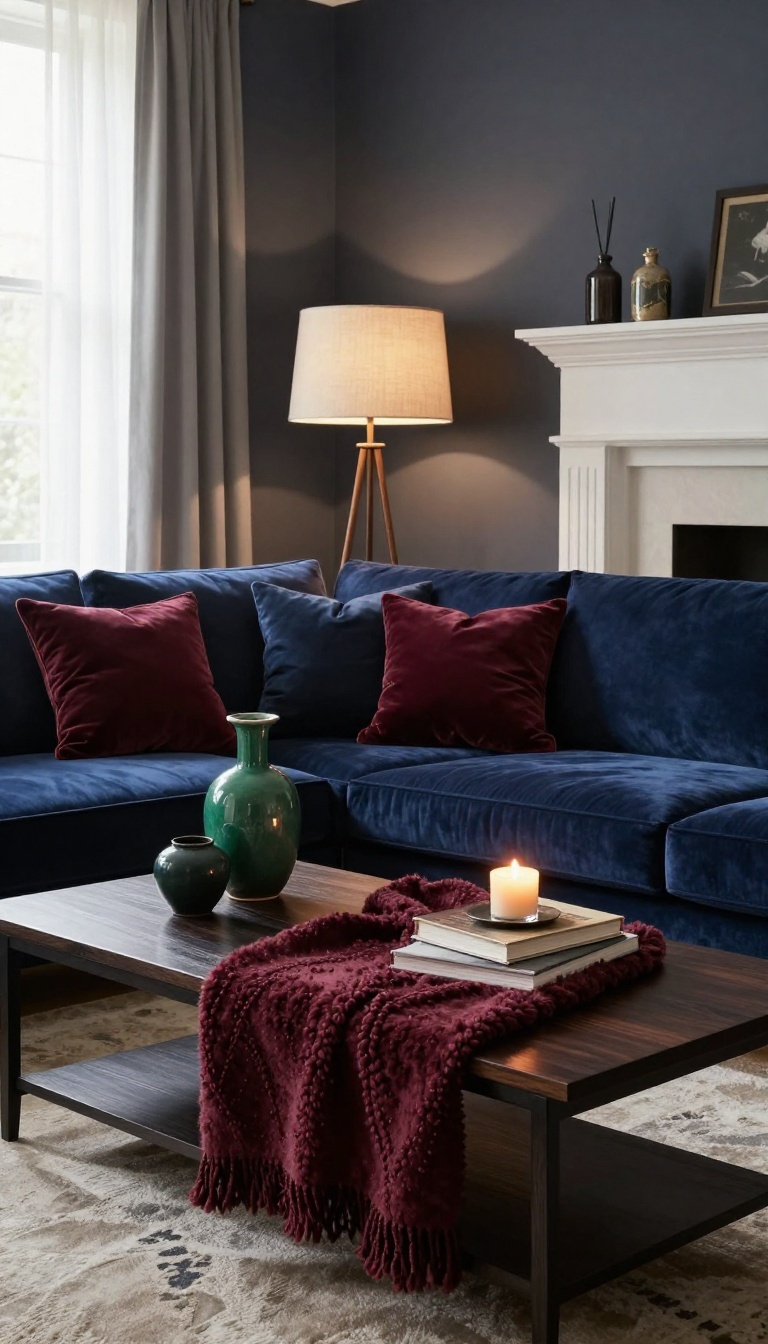 Moody living room with a navy blue velvet couch, charcoal walls, dark wood furniture, and warm lamp light creating cozy contrast.