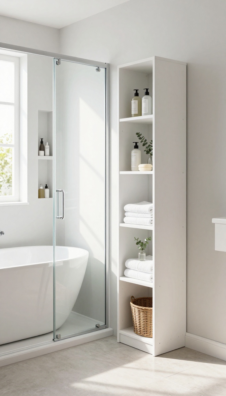 Small bathroom with tub and shower combo, featuring built-in cubbies and a tall linen tower for organized storage.