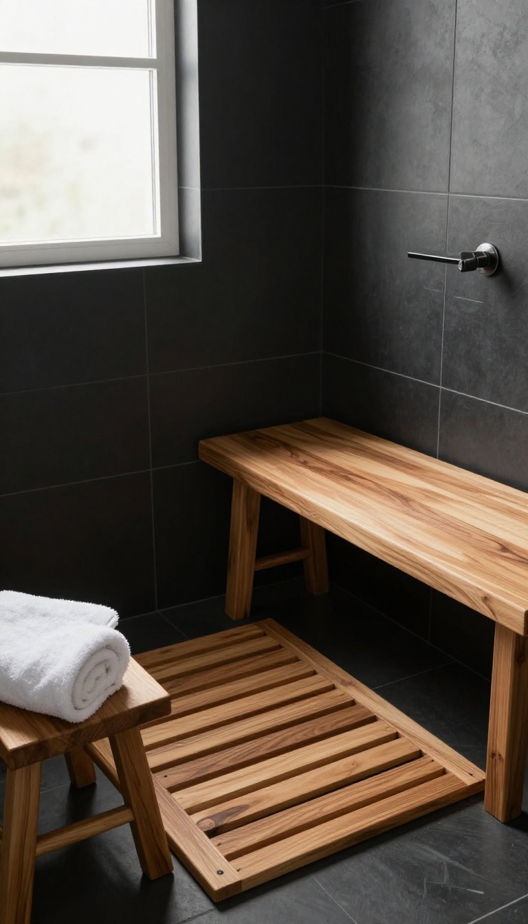 Modern black tiled shower with warm teak wood bench and slatted mat, bright natural light, cozy bathroom design