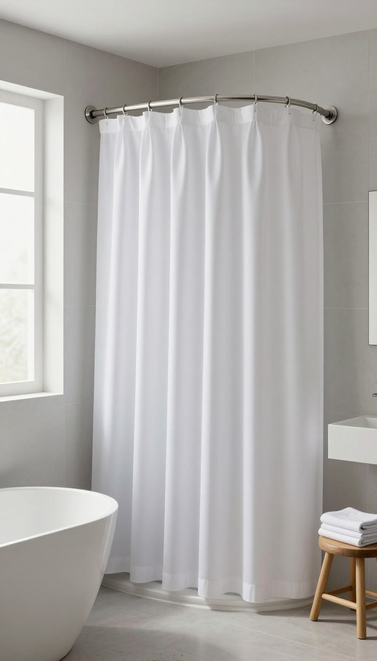 Modern bathroom with a corner shower curtain rod and white curtain, maximizing an awkward corner space.