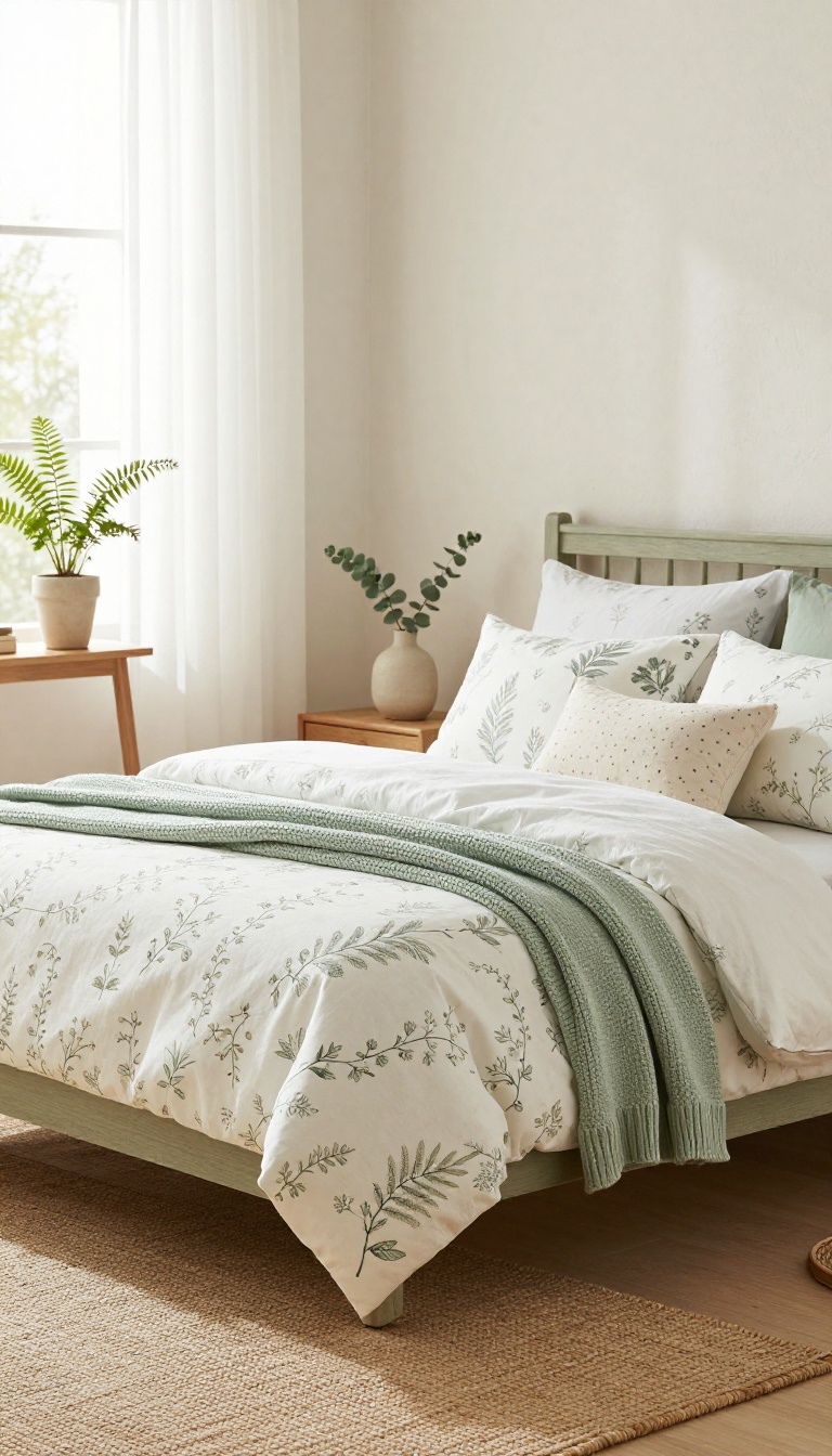Sage green bed frame styled with delicate green vine duvet, botanical print pillows, and a chunky knit throw in a bright natural-light bedroom