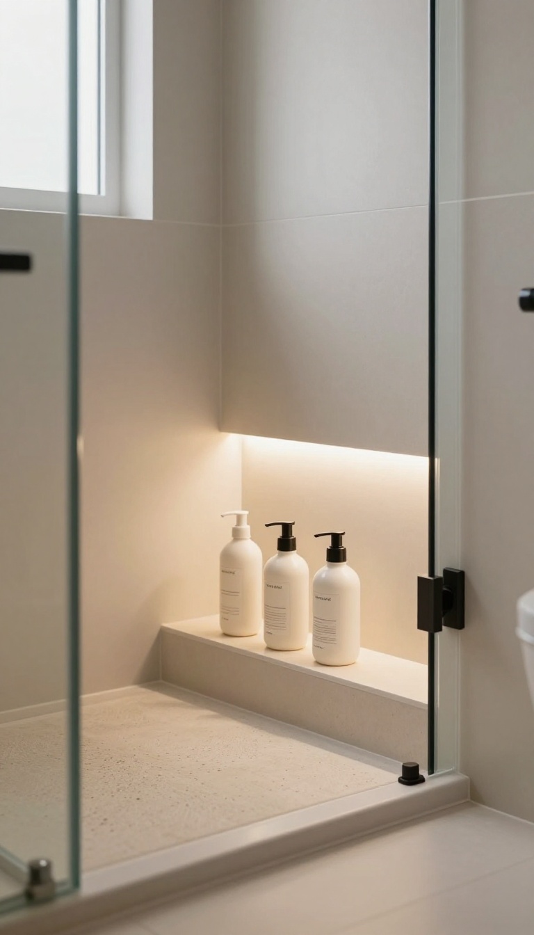 Modern tiled shower niche softly illuminated by hidden warm LED strip lighting, glowing over shampoo bottles and textured tile