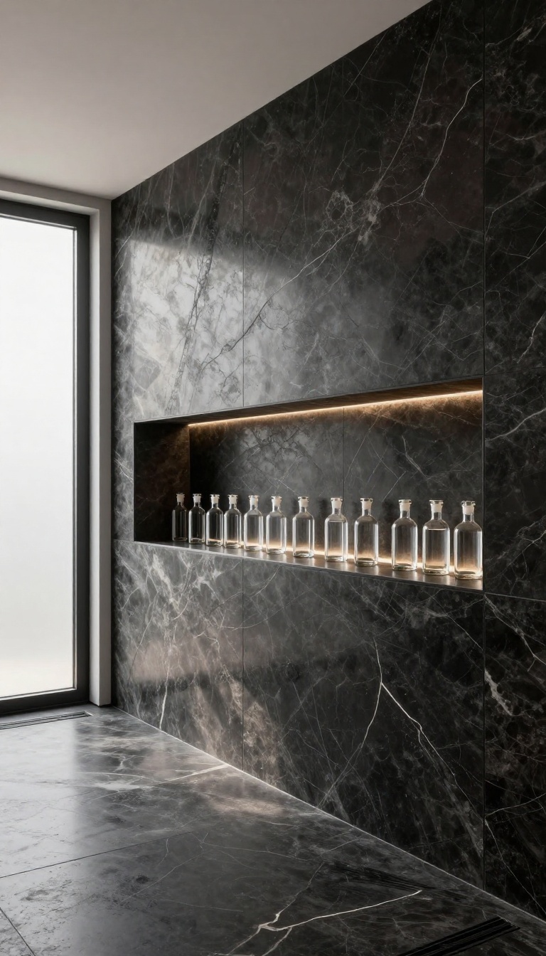 Walk-in onyx shower with a seamless recessed niche shelf, lined with onyx, holding clear bottles, creating a clean and spacious look.