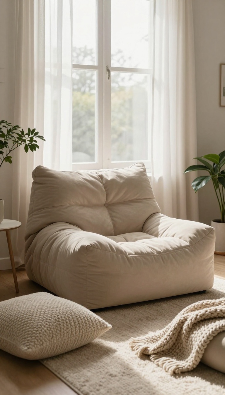 Cozy bedroom corner with a soft beanbag sofa, plush rug, and floor cushion by a bright window