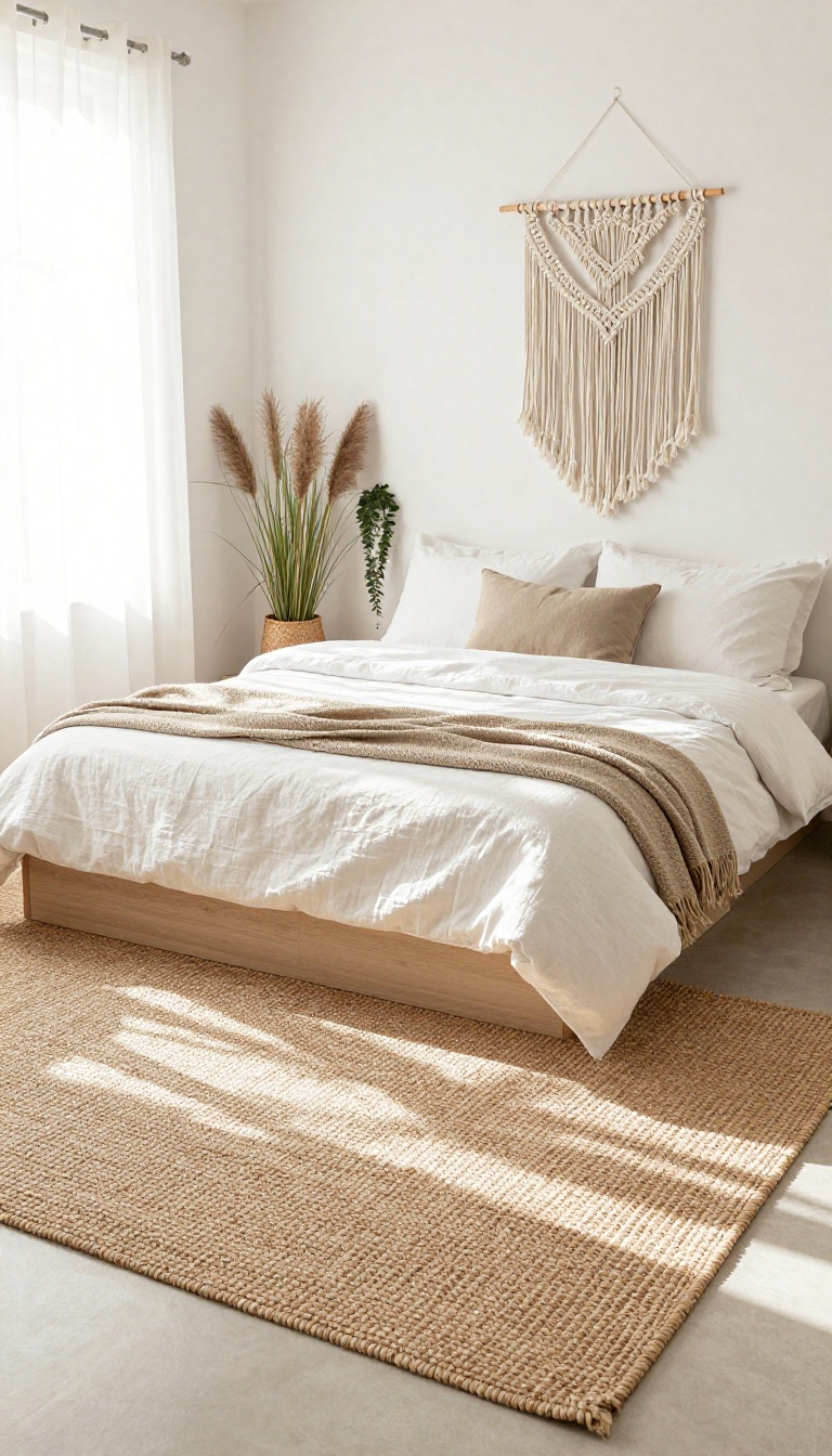 Bright boho bedroom with a large natural jute rug layered under a low bed with white linen bedding and soft morning light
