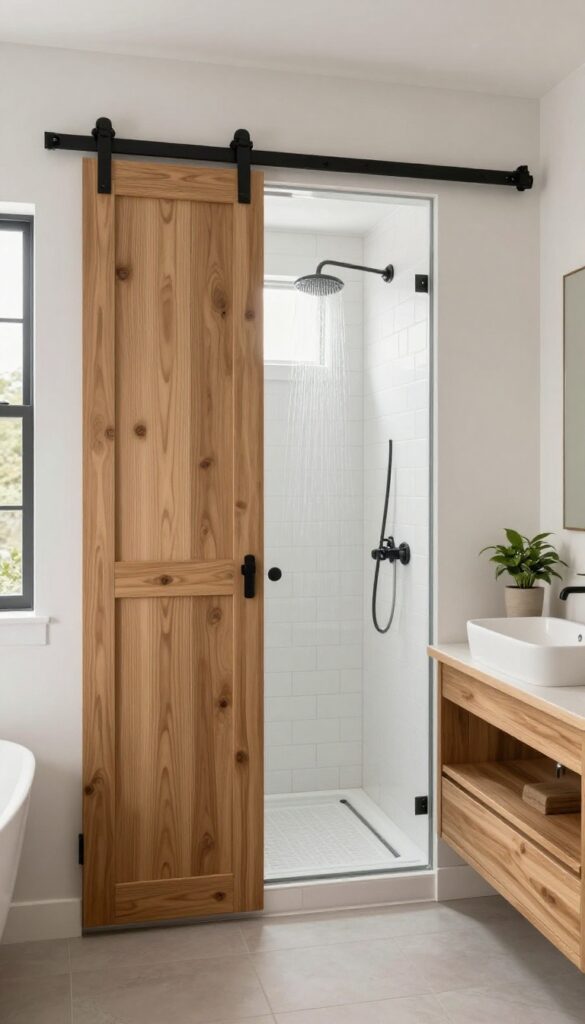 Modern farmhouse bathroom with a sliding barn door shower enclosure, featuring wood door, matte black hardware, and bright natural light.
