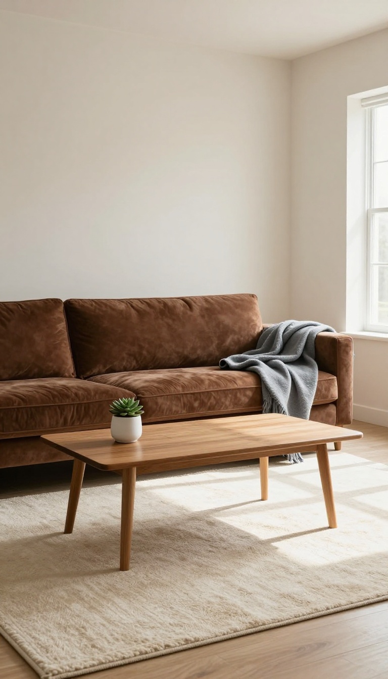 Chocolate brown velvet couch styled on a large cream area rug in a bright, airy living room with natural light
