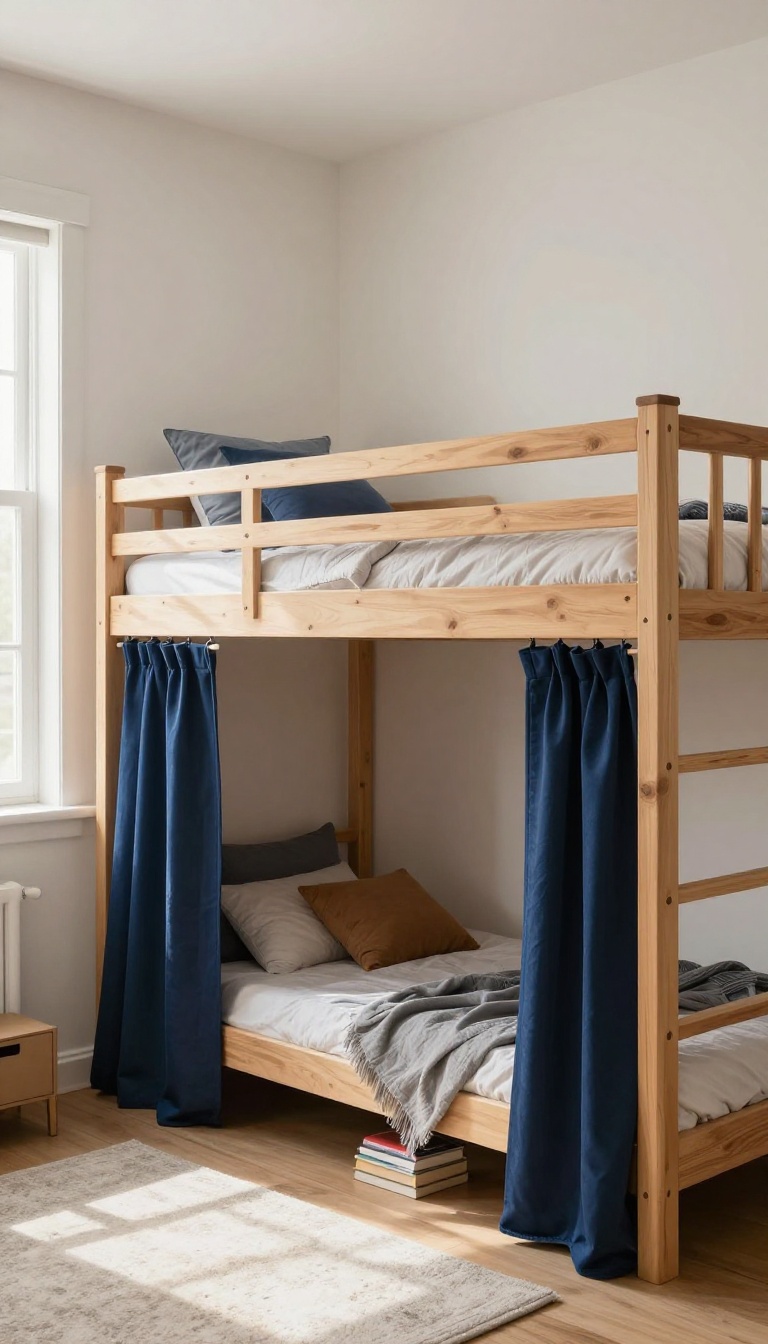 Boys loft bed with navy curtains creating a private fort play space underneath
